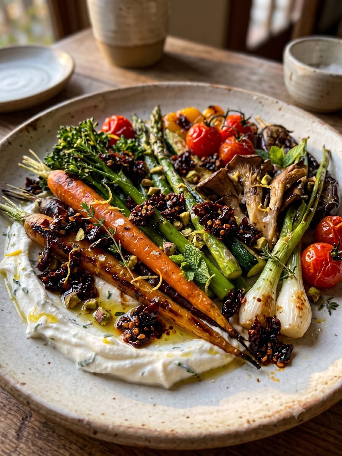 Savina chile crisp over roasted vegetables