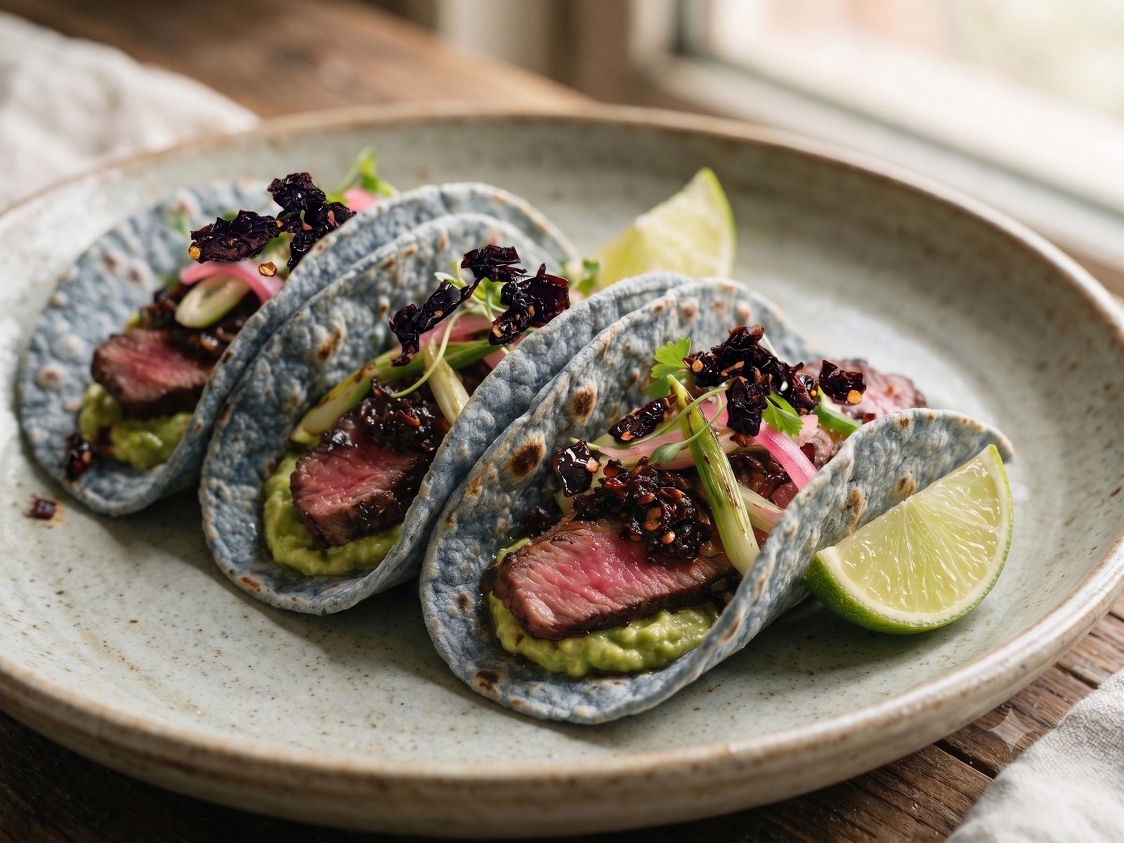 Savina chile crisp over blue corn tacos