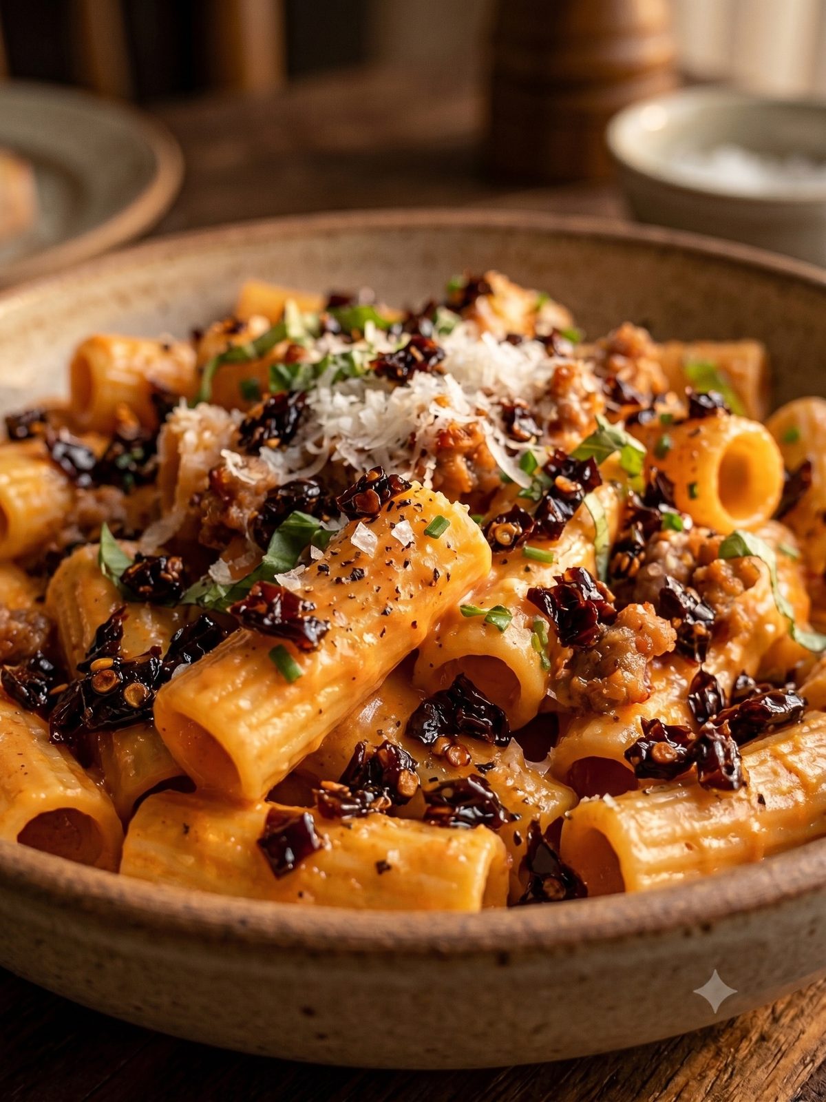 Savina chile crisp over rigatoni