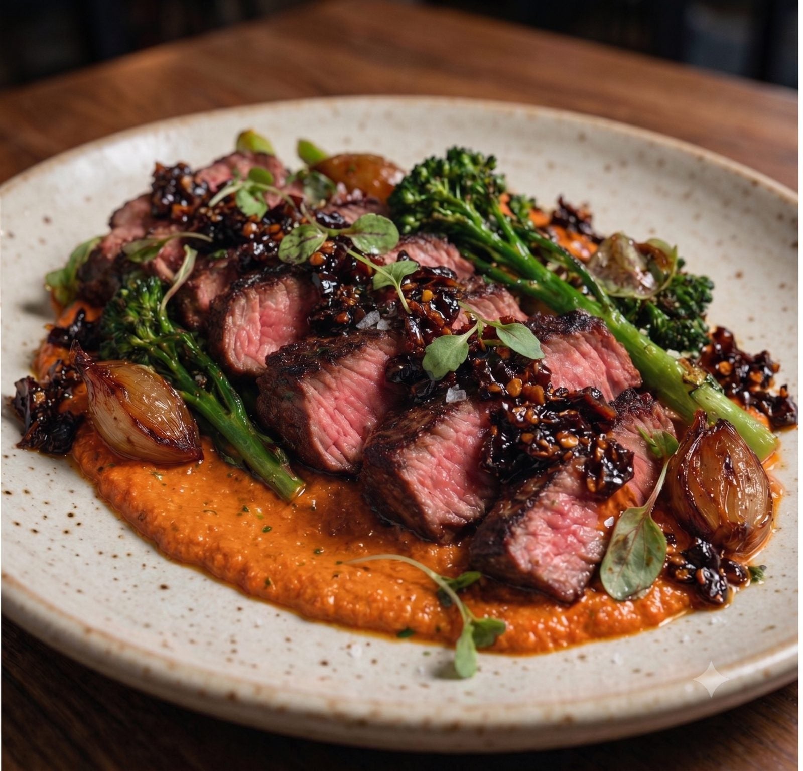 Savina chile crisp over sliced steak with romesco