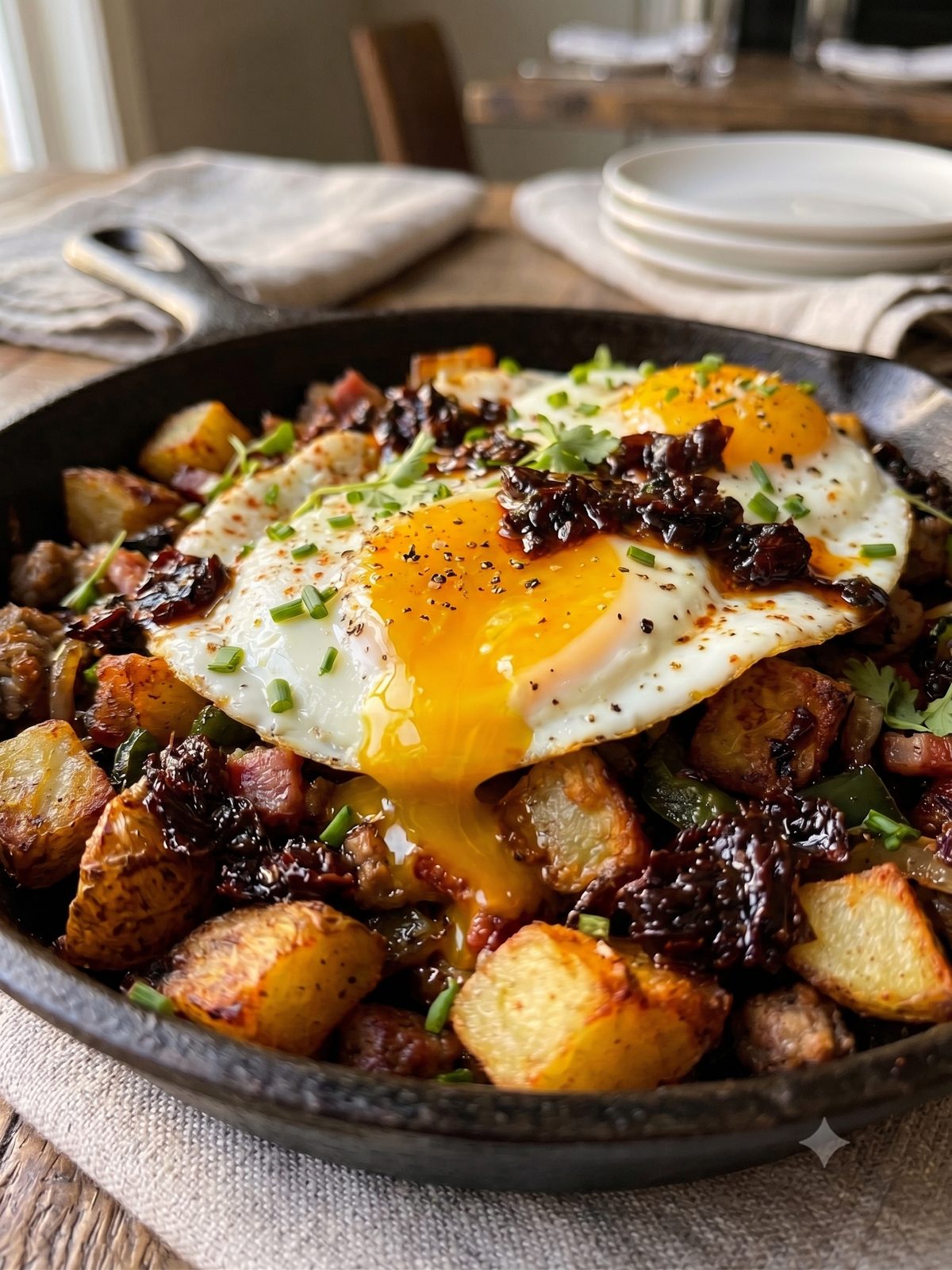 Savina chile crisp over fried eggs and crispy potatoes
