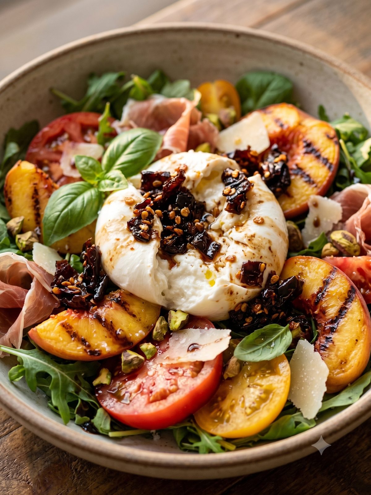 Savina chile crisp over a burrata and tomato salad