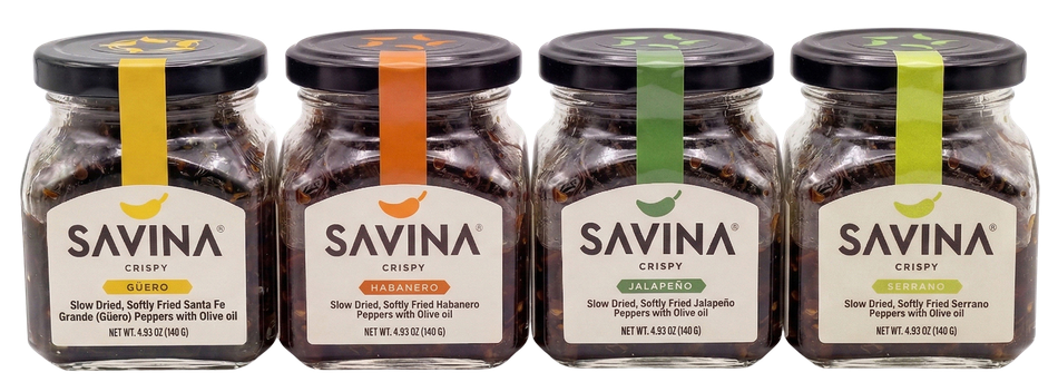 The four Savina chile crisps: Güero, Habanero, Jalapeño and Serrano