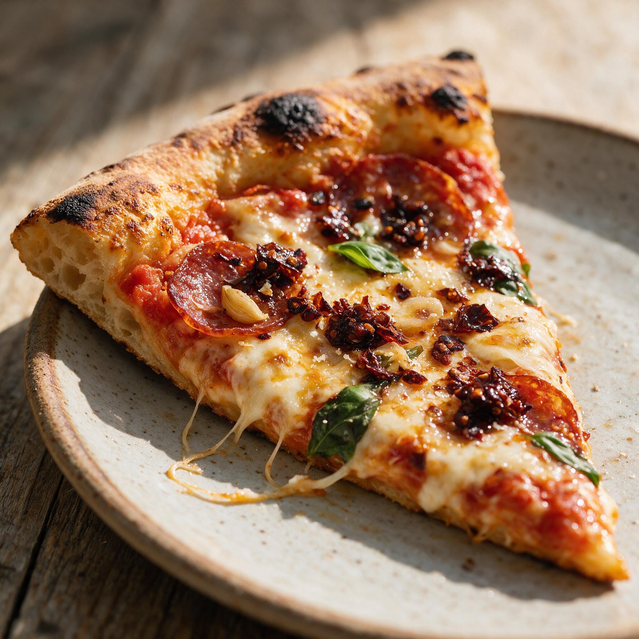 Savina chile crisp over a pizza slice