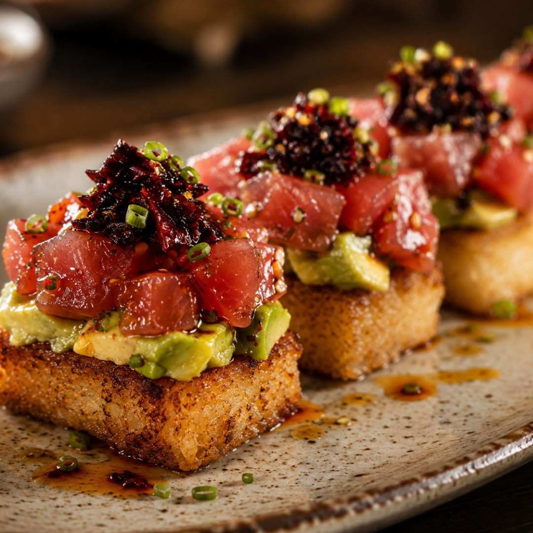 Savina chile crisp over crispy rice with tuna and avocado